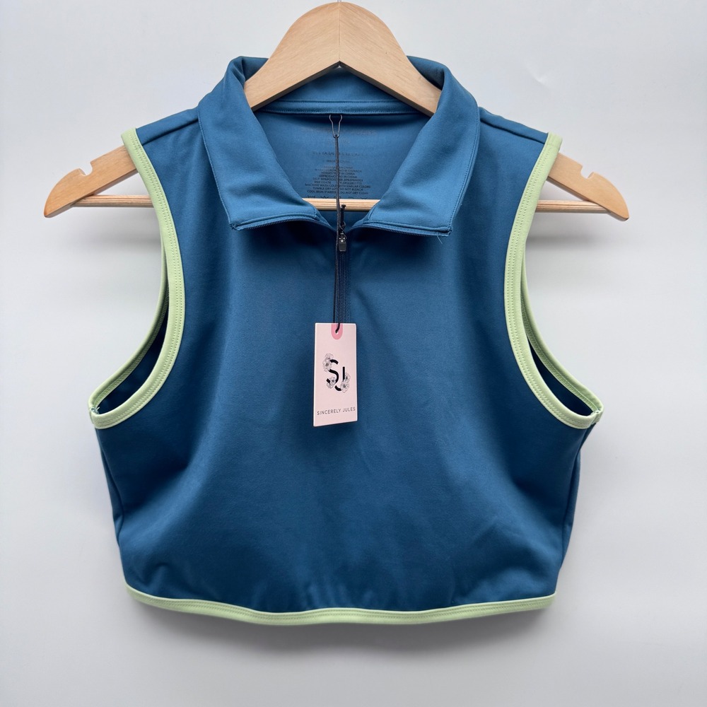 Sincerely Jules Active Crop Top Women L Teal Sleeveless Quarter Zip J22B317TS - Picture 2 of 7